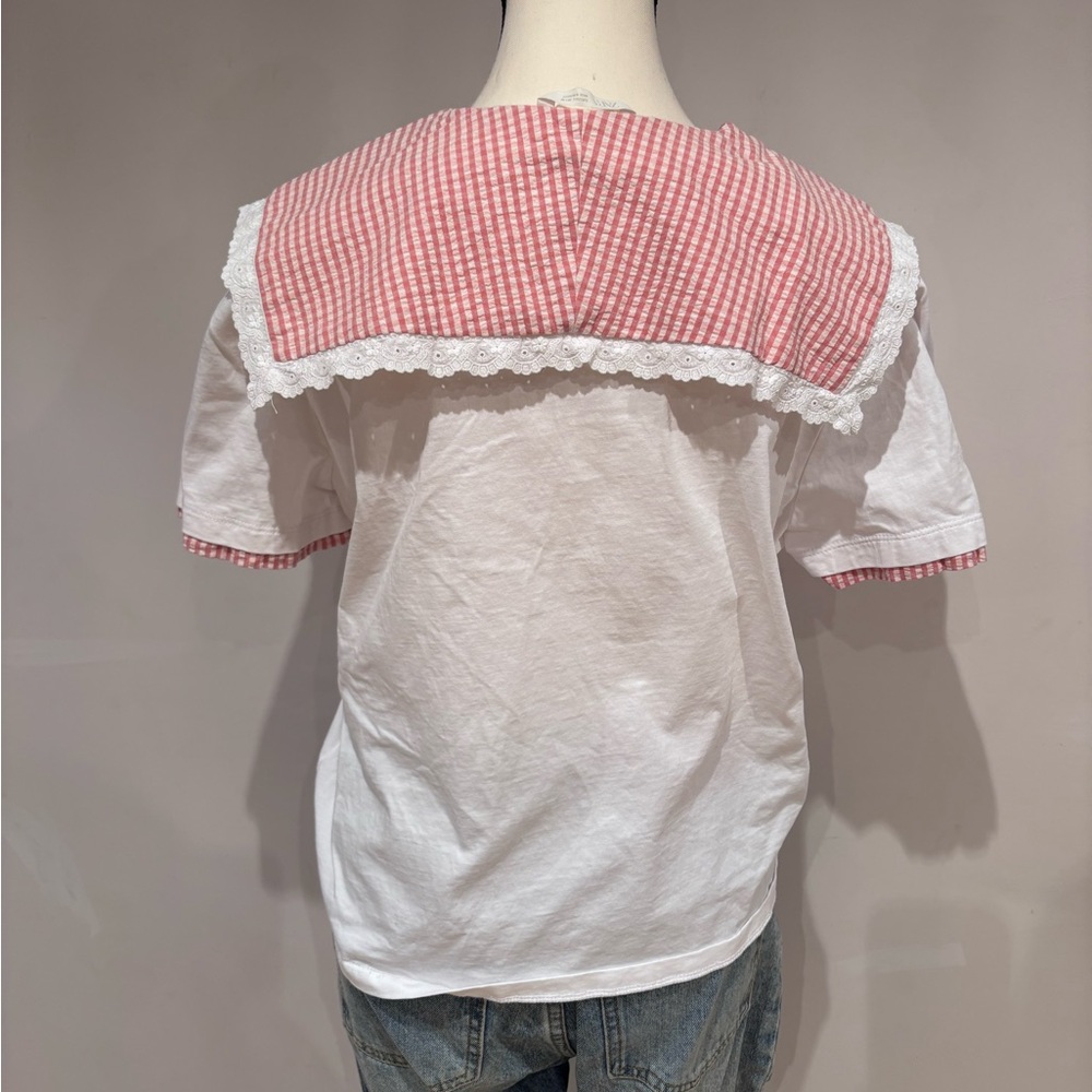 Zara Gingham Short Sleeve T-Shirt Pink and White Cotton Spring/Summer Size L - Picture 3 of 4
